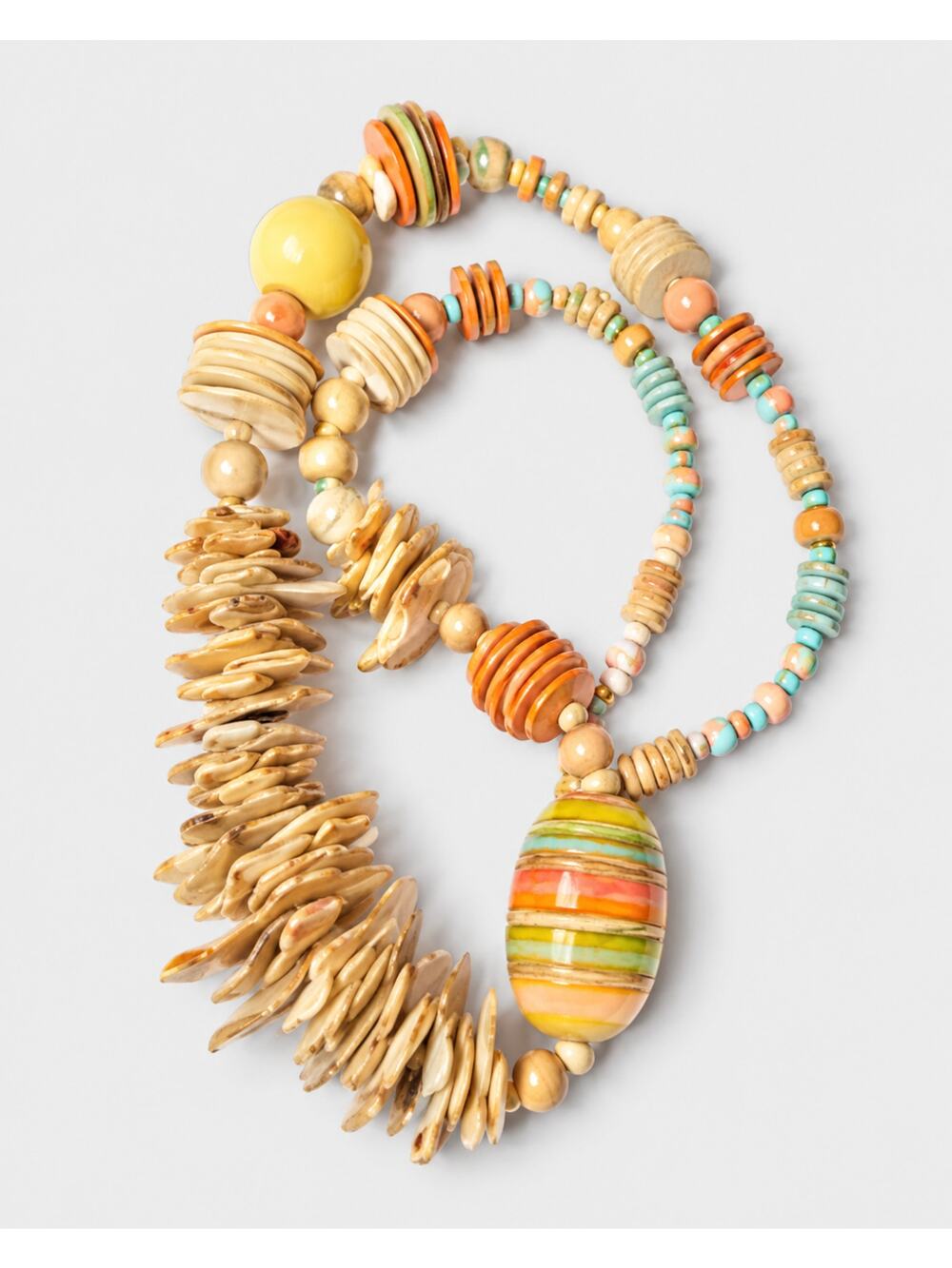 Tribal Wood Necklace‎ Pastels Colorful Yellow Peach Aqua Blue Beachy 28" rd03-40